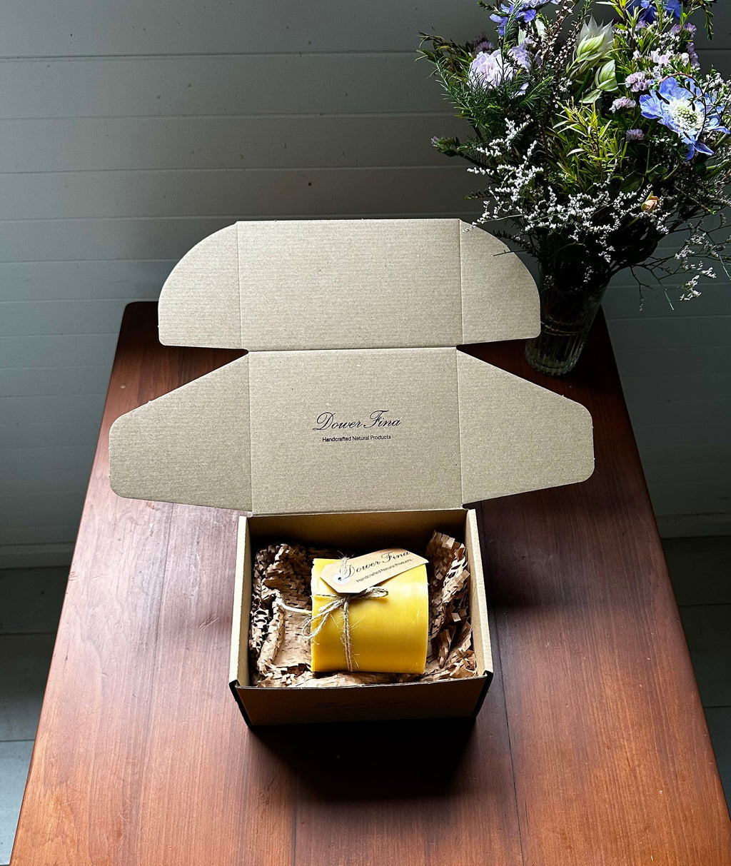 Natural beeswax pillar candle handmade in Byron Bay Northern Rivers NSW. The perfect gift.
